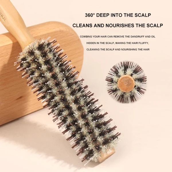 Curly Hair Brush - Wood Handle Boar Bristle Round Barrel - Image 2