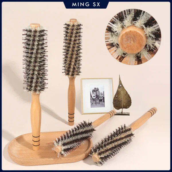 Curly Hair Brush - Wood Handle Boar Bristle Round Barrel